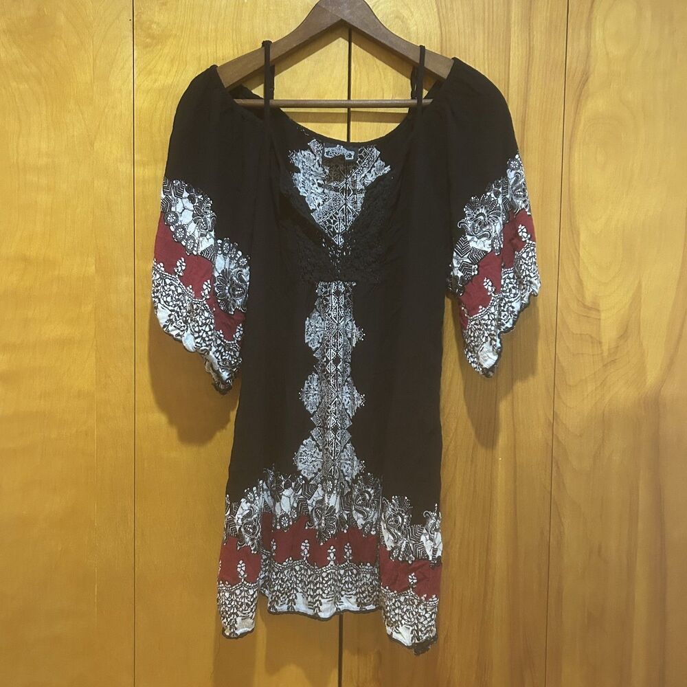 Angie Womens Black Rayon Multicolor Tunic-Sz L-Crochet Neck-Boho-Hippie-Festival